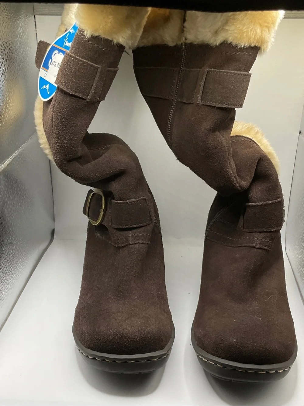 Women's Brown Suede Fur Winter Boots w/Buckle, damage on inside zipper, size 8